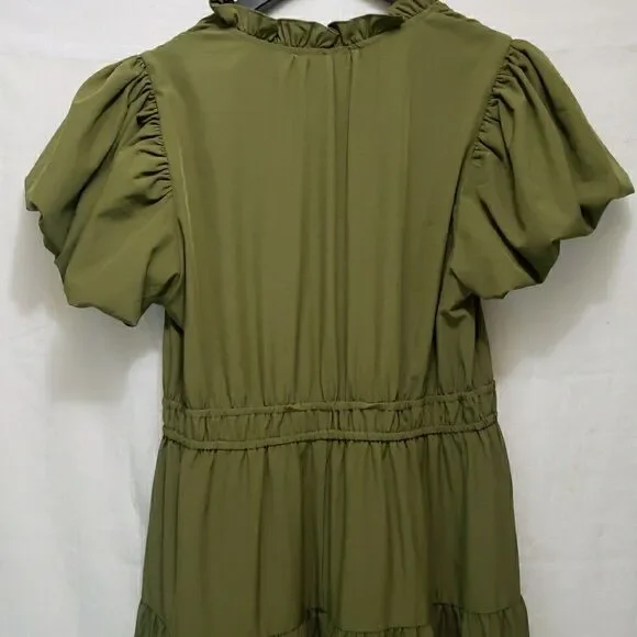 NWT Entro Olive Green Tiered Maxi Dress Sz L Puff Sleeve V-Neck Boho Cottagecore - Picture 7 of 14